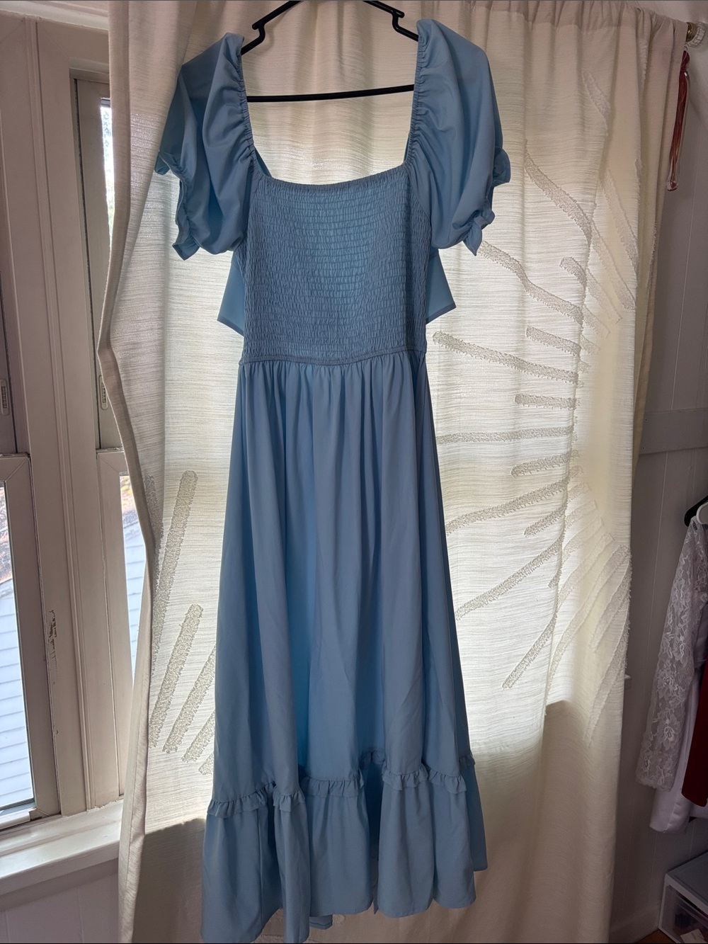 Amazon Light Blue Midi Dress with Puff Sleeves